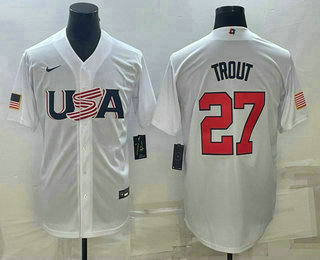 Men%27s USA Baseball #27 Mike Trout 2023 White World Baseball Classic Replica Stitched Jerseys